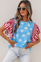 Load image into Gallery viewer, Sky Blue Vintage Star Print Striped Ruffle Sleeve Independence Day Top
