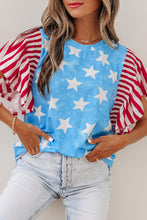 Load image into Gallery viewer, Sky Blue Vintage Star Print Striped Ruffle Sleeve Independence Day Top
