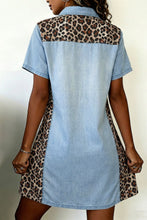 Load image into Gallery viewer, Myosotis Denim Color Block Leopard Patchwork Shirt Collar T Shirt Mini Dress
