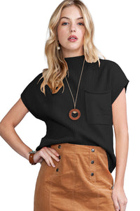 Pocket Ribbed Knit Short Sleeve Sweater