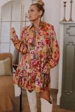Load image into Gallery viewer, Brown Floral Print Shirt Style Long Sleeve Ruffle Mini Dress
