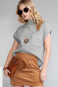 Pocket Ribbed Knit Short Sleeve Sweater