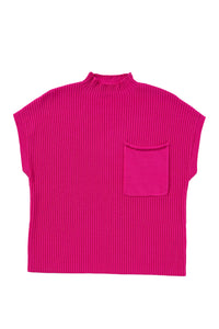 Pocket Ribbed Knit Short Sleeve Sweater