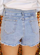 Load image into Gallery viewer, Beau Blue Rhinestone Light Wash Raw Hem High Waist Denim Shorts
