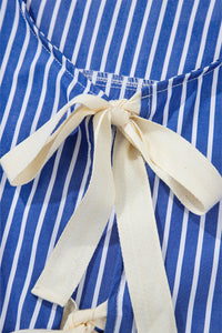 Blue Stripe Bow Front Puff Short Sleeve Blouse