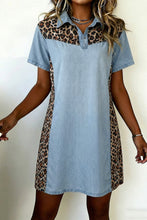 Load image into Gallery viewer, Myosotis Denim Color Block Leopard Patchwork Shirt Collar T Shirt Mini Dress
