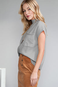 Pocket Ribbed Knit Short Sleeve Sweater