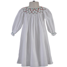 Load image into Gallery viewer, Geometric Smocked Long Sleeve Dress, White with Red and Green Details
