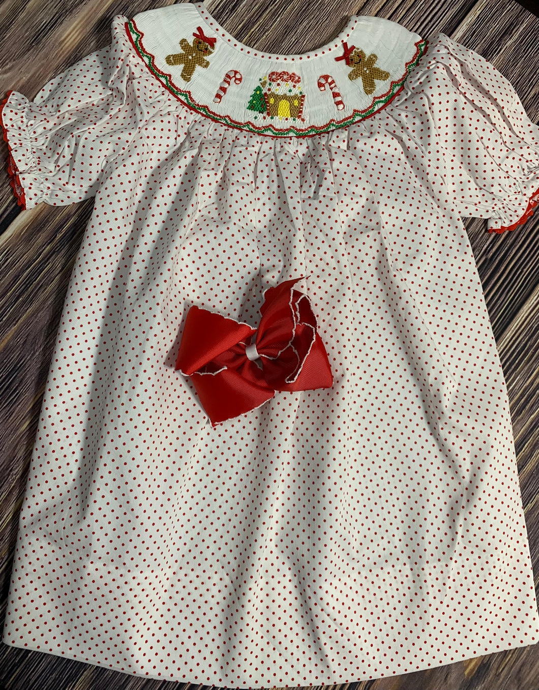 Gingerbread Hand Smocked Dress, Red and White Short Sleeve