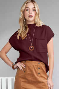 Pocket Ribbed Knit Short Sleeve Sweater