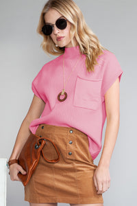 Pocket Ribbed Knit Short Sleeve Sweater