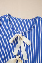Load image into Gallery viewer, Blue Stripe Bow Front Puff Short Sleeve Blouse
