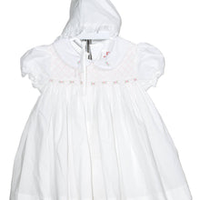 Load image into Gallery viewer, White Geometric Smocked With Roses Short Sleeve Dress, Bloomers, and Beautiful Bonnet
