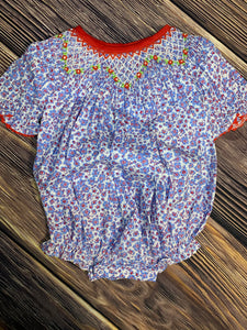 Floral Print, Patriotic Hand Smocked Bubble, Red, White, and Blue