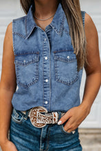 Load image into Gallery viewer, Dusk Blue Buttoned Front Collared Sleeveless Denim Vest
