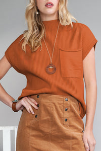 Pocket Ribbed Knit Short Sleeve Sweater