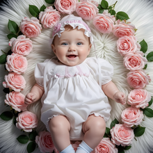 Load image into Gallery viewer, White Smocked Short Sleeve Bubble with Pink Ribbon and Bonnet
