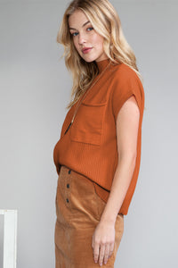 Pocket Ribbed Knit Short Sleeve Sweater
