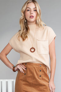 Pocket Ribbed Knit Short Sleeve Sweater