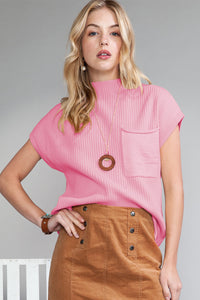 Pocket Ribbed Knit Short Sleeve Sweater