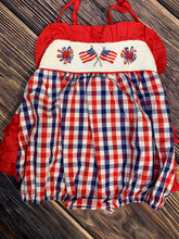 Load image into Gallery viewer, Patriotic Hand Smocked, Ruffled Bubble, Flags and Fireworks
