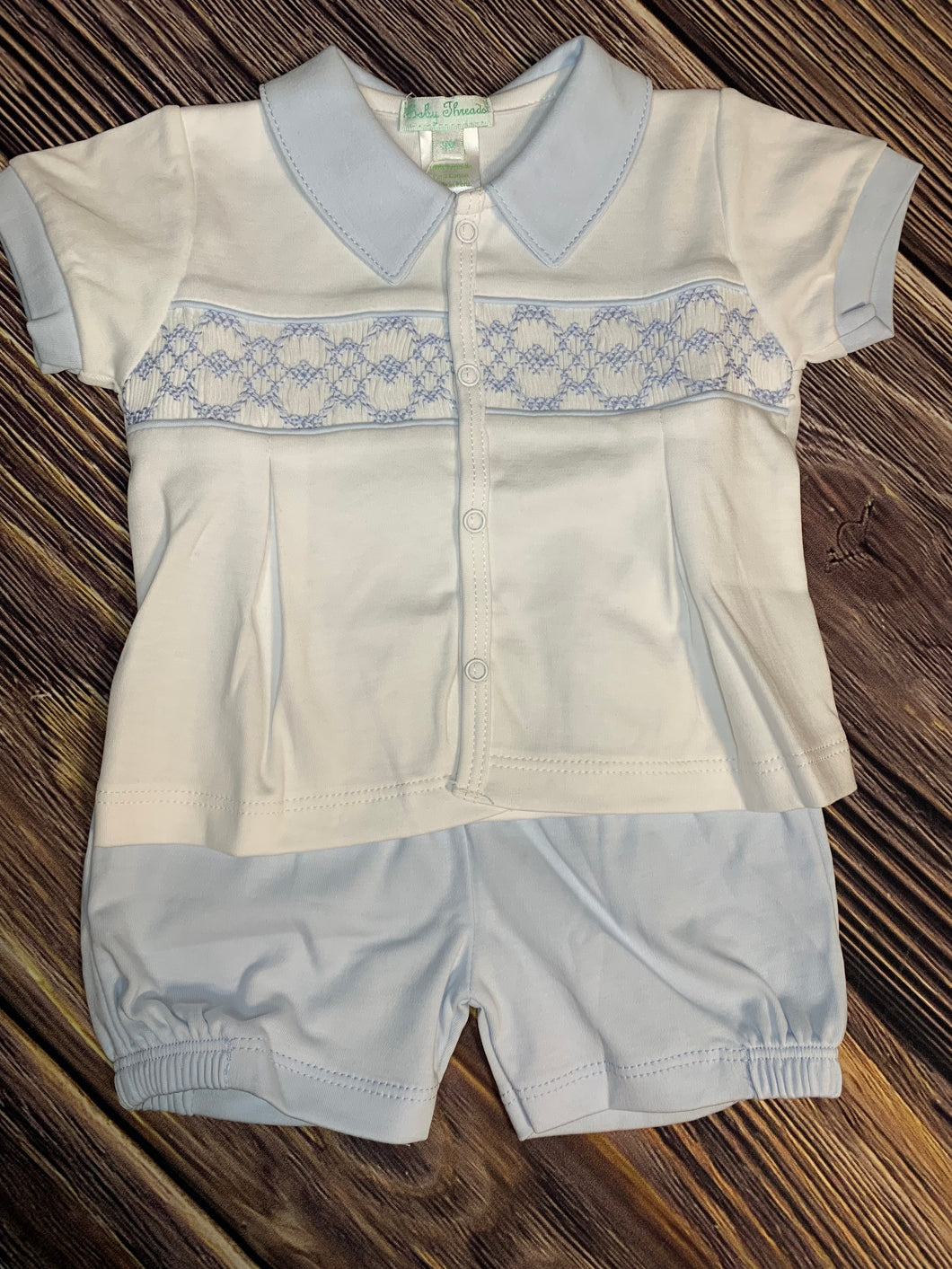 Baby Threads, Pima Cotton, Blue and White Smocked Set