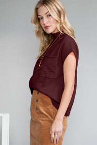 Pocket Ribbed Knit Short Sleeve Sweater