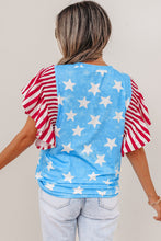 Load image into Gallery viewer, Sky Blue Vintage Star Print Striped Ruffle Sleeve Independence Day Top
