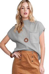 Pocket Ribbed Knit Short Sleeve Sweater