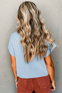Pocket Ribbed Knit Short Sleeve Sweater