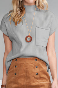 Pocket Ribbed Knit Short Sleeve Sweater