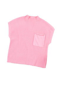 Pocket Ribbed Knit Short Sleeve Sweater