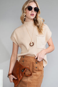 Pocket Ribbed Knit Short Sleeve Sweater