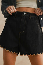 Load image into Gallery viewer, Black Embroidered Scalloped Trim Relaxed Denim Shorts
