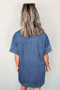 Beau Blue Short Sleeve Collared Chest Pocket Denim Mini Dress