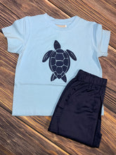Load image into Gallery viewer, Light Blue and Navy Sea Turtle Short Set and Bubble
