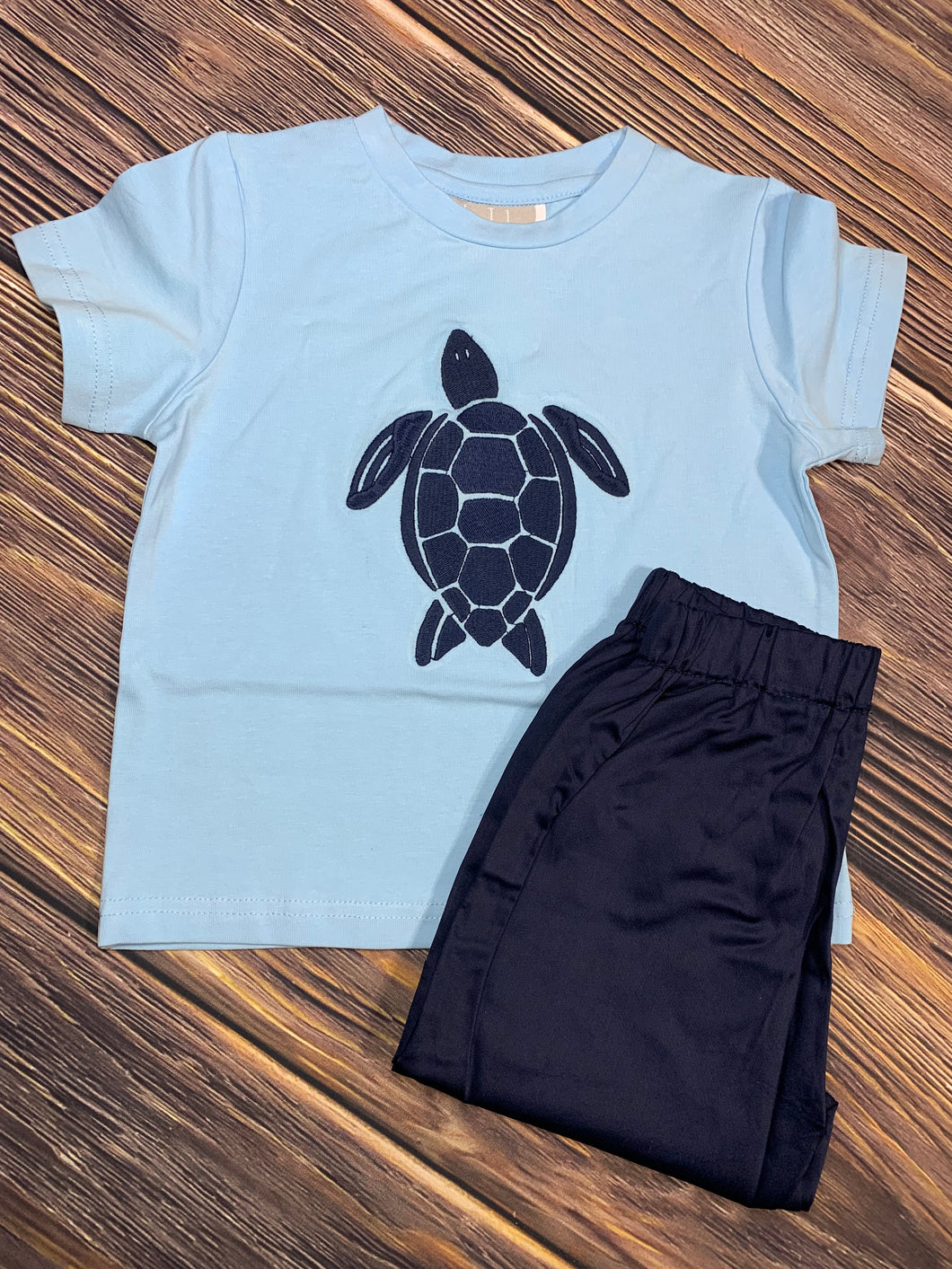 Light Blue and Navy Sea Turtle Short Set and Bubble