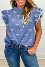 Load image into Gallery viewer, Blue Frilled Collar Flutter Sleeve Denim Top
