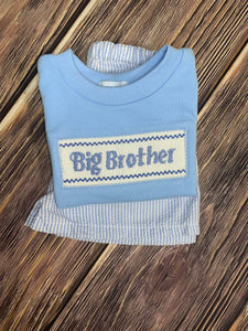 Big Brother Hand Smocked Blue Short Sleeve Set w/Blue Seersucker Shorts