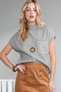 Pocket Ribbed Knit Short Sleeve Sweater