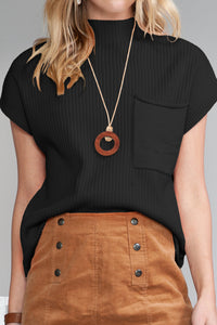 Pocket Ribbed Knit Short Sleeve Sweater