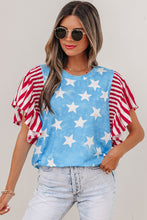 Load image into Gallery viewer, Sky Blue Vintage Star Print Striped Ruffle Sleeve Independence Day Top
