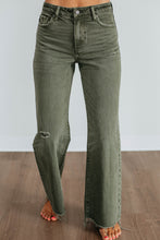 Load image into Gallery viewer, Green Slight Distressed Raw Edge Wide Leg Jeans
