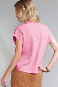 Pocket Ribbed Knit Short Sleeve Sweater