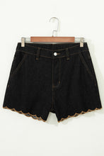 Load image into Gallery viewer, Black Embroidered Scalloped Trim Relaxed Denim Shorts
