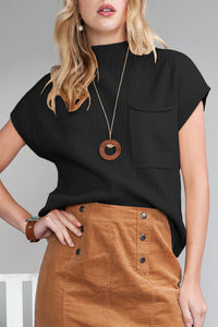 Pocket Ribbed Knit Short Sleeve Sweater