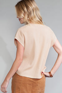 Pocket Ribbed Knit Short Sleeve Sweater