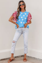 Load image into Gallery viewer, Sky Blue Vintage Star Print Striped Ruffle Sleeve Independence Day Top
