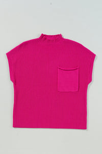 Pocket Ribbed Knit Short Sleeve Sweater