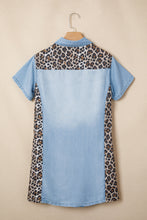 Load image into Gallery viewer, Myosotis Denim Color Block Leopard Patchwork Shirt Collar T Shirt Mini Dress
